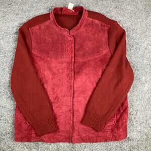 AMX‎ Leather Jacket Womens Size 2X Red Mixed Media Acrylic Knit Sleeves